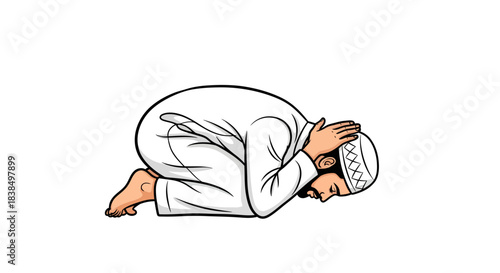 Illustration depicting a Muslim man in prostration, symbolizing devotion and spiritual practice