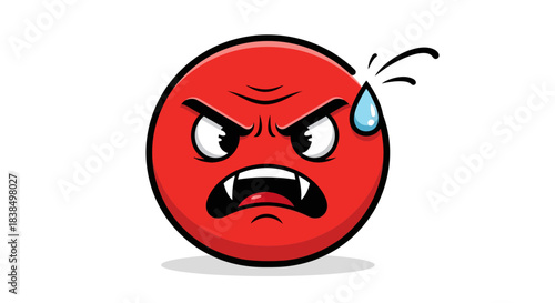 Illustration of a Red Angry Emoji with Furious Eyes and Sharp Fangs, sweating with frustration