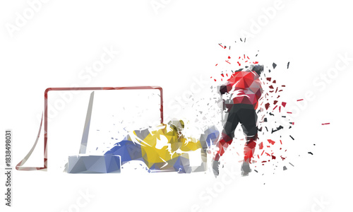 Ice hockey penalty shot, isolated vector low poly illustration with dispersion effect.  Breakaway. Hockey goalie makes save.