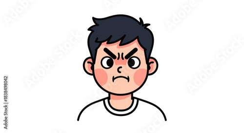 Illustration of an angry young man expressing his emotion with a furrowed brow and pursed lips