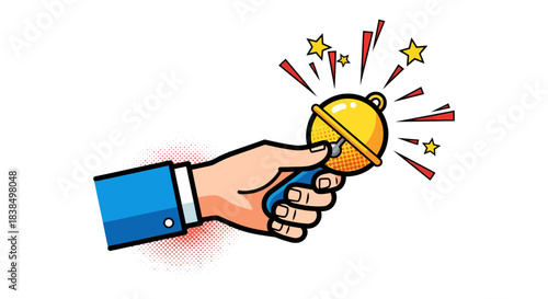 Illustration presenting a hand holding a golden hand bell accompanied by starbursts