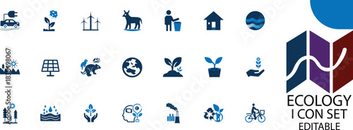ecology icon set vector, A dynamic ecosystem where flora and fauna interact in a seamless cycle of life.
Ideal for themes of environmental conservation, growth, and natural balance.