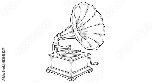 Intricate vintage phonograph illustration capturing classic music technology style