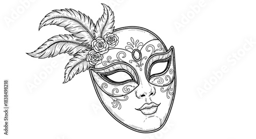 Intricate monochrome masquerade mask featuring feathers and roses embellishments design