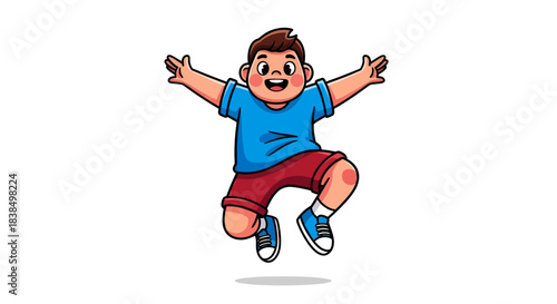Joyful cartoon boy mid-air jump with arms wide, representing happiness and freedom