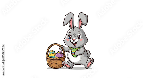 Joyful cartoon bunny with a basket brimming with colorful, decorated easter eggs ready for spring