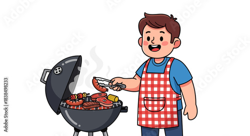 Joyful cartoon man grilling delicious food on a barbecue, creating a vibrant outdoor cooking scene