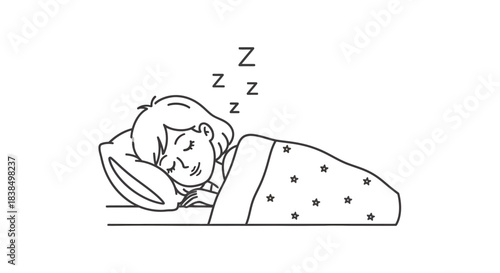 Line art drawing featuring a serene individual slumbering peacefully under star patterned blanket