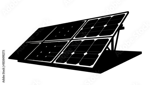 Black and white silhouette of solar panels at an angle — solar energy and sustainability. Suitable for white sheets and promo projects. Vector graphics. EPS.