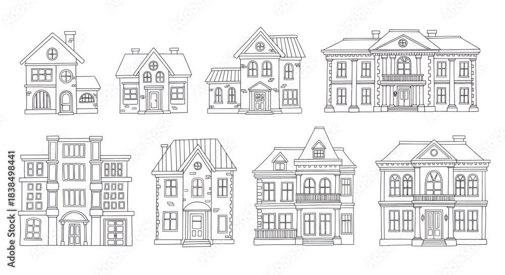 Obraz premium Outlined homes showcase a variety of architectural designs and styles in a single array