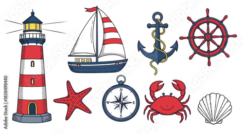 Nautical voyage: illustrated maritime elements evoking seaside adventures and exploration themes