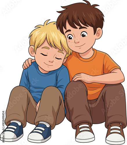 Cartoon boys sitting together, friendship moment, comforting gesture, emotional support, resting pose, child bonding scene, flat vector illustration