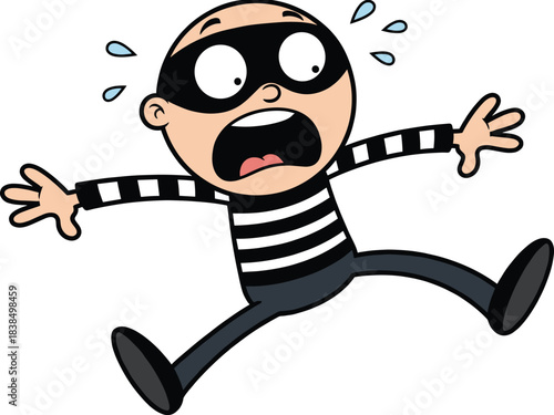 Cartoon burglar character, thief running illustration, panic expression, striped shirt, black mask, crime escape, funny criminal, flat vector illustration