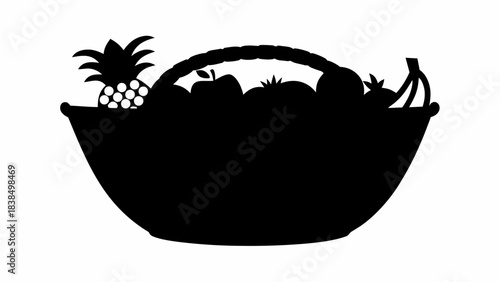 Stunning black silhouette of a woven basket overflowing with fresh fruit ready for harvest or healthy eating design