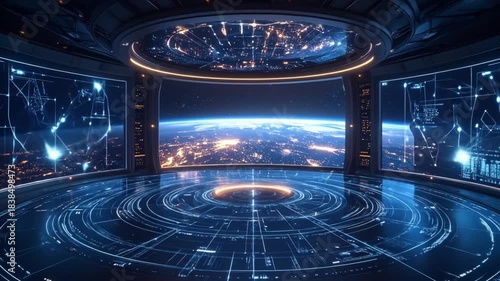 Wallpaper Mural Futuristic Control Room: Earth View, Data Streams, Advanced Technology Interface Torontodigital.ca