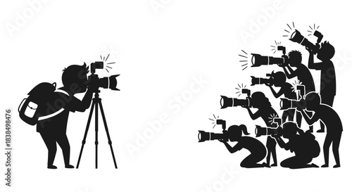 Photographers silhouette capturing images on tripods and handhelds in contrasting styles