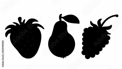 Striking black silhouettes of strawberry, pear, and blackberry perfect for clean minimalist design projects