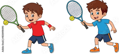 Cartoon boys playing tennis, energetic sports action, kids with rackets, dynamic movement, outdoor activity, fun illustration, flat vector illustration