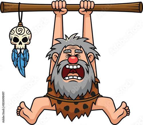 Cartoon caveman hanging from wooden pole, funny prehistoric character, distressed expression, tribal skull decoration, humorous vector art, flat vector illustration