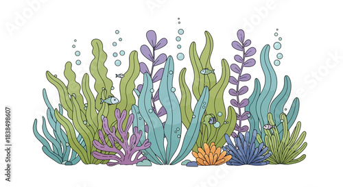 Playful watercolor seascape illustration featuring colorful aquatic plants and small fish swimming