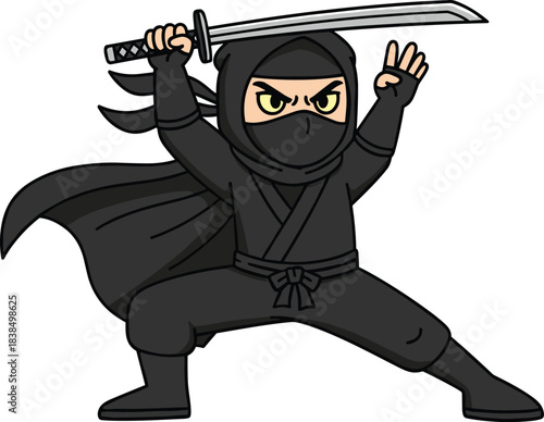 Cartoon ninja character in dynamic pose with katana sword, black outfit, martial arts gesture, intense eyes, flat vector illustration