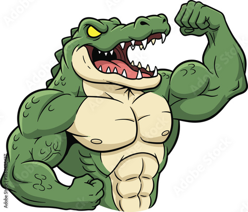 Cartoon muscular alligator flexing arm, green scales, fierce expression, bodybuilding pose, powerful animal character, flat vector illustration