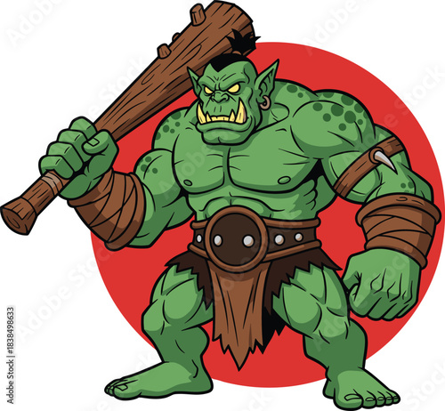 Cartoon orc warrior with club, green muscular character, fantasy creature, fierce expression, tusks and armor, flat vector illustration