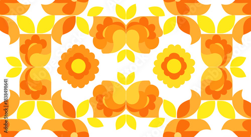 Retro floral geometric tile in sunshine hues offers a vibrant and cheerful vintage pattern