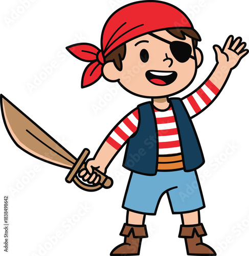 Cartoon pirate character waving hand, red bandana, eye patch, striped shirt, curved sword, cheerful smile, flat vector illustration