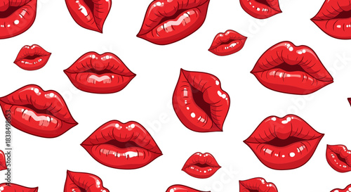 Seamless pattern of glossy red lips against a white background creating a sensual impression