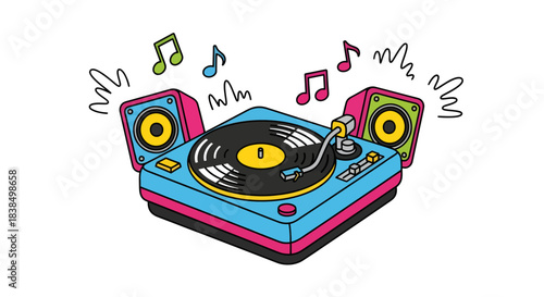 Retro audio setup with vibrant colors and turntable music notes for creative projects