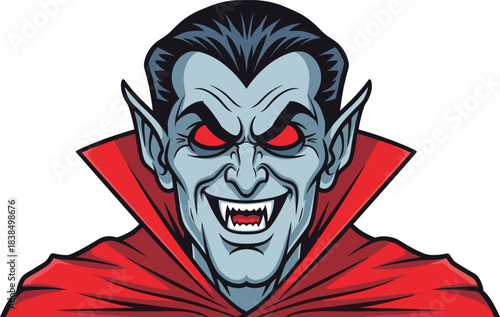 Cartoon vampire character with red eyes, sharp fangs, sinister grin, black hair, red cape, Halloween icon, flat vector illustration