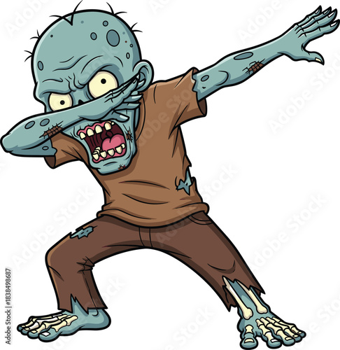 Cartoon zombie character doing dab dance pose, blue-green skin, exposed bones, tattered clothes, pop culture humor, flat vector illustration