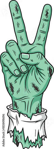 Cartoon zombie hand making peace sign, green decayed fingers, horror humor concept, tattered sleeve, flat vector illustration