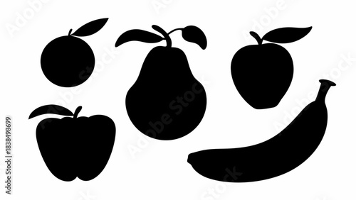 Essential collection of clean black fruit silhouettes perfect for modern culinary design and healthy lifestyle branding projects