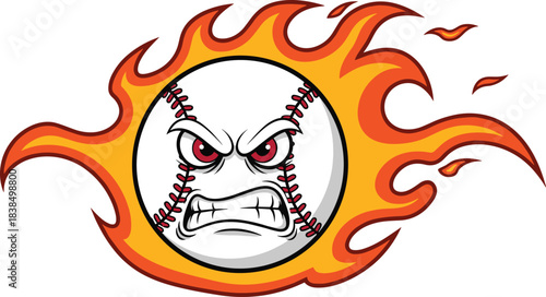 Angry cartoon baseball with flames, red eyes, clenched teeth, fast pitch energy, sports aggression, flat vector illustration