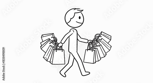 Simplified line drawing depicting a happy man overloaded with numerous shopping bags