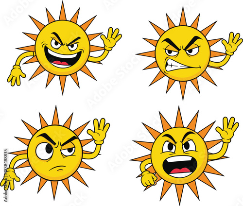 Cartoon angry sun characters with expressive faces and gestures, clenched fists, emotional icons, pop style, flat vector illustration