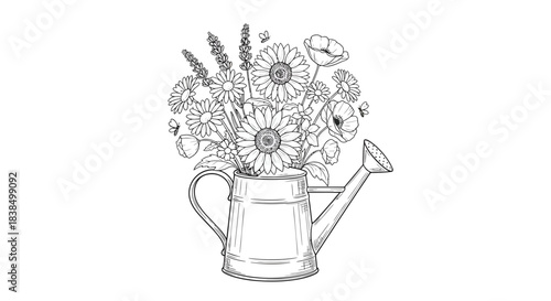 Watering can with flowers bouquet, garden illustration