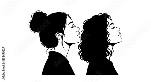 Two women facing profiles illustration, black and white