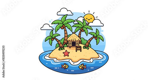Tropical island with hut and palm trees, cartoon illustration
