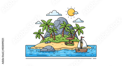 Tropical island with sailboat, palm trees and rocky outcrop