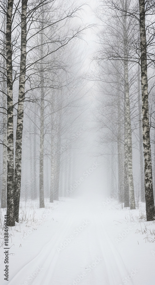 Fototapeta premium Path covered with white snow between trees on a foggy day, creating a serene and mysterious scene, representing isolation and tranquility