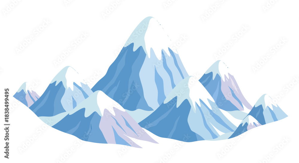 Fototapeta premium Stylized mountain range illustration depicting snowy peaks and blue slopes backdrop