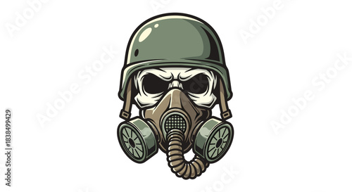Stylized illustration of a skull wearing a military helmet and gas mask artwork