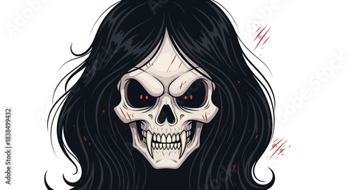 Stylized illustration depicting a female skull with long flowing black hair and ominous red eyes