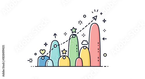 Stylized line graph with colorful columns denoting escalating achievements