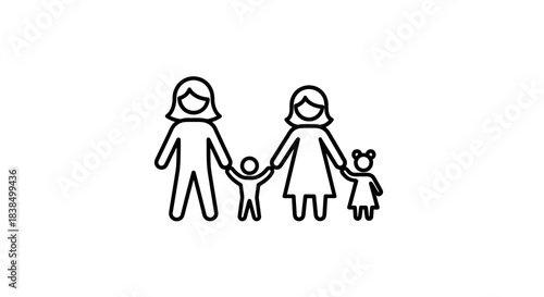 Stylized line art illustration of a same-sex family with two mothers and two children