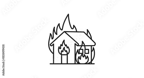 Stylized minimalist line drawing of a house engulfed in flames depicting disaster scenario
