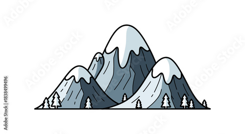 Stylized mountain range illustration with snow-capped peaks and coniferous trees at the base